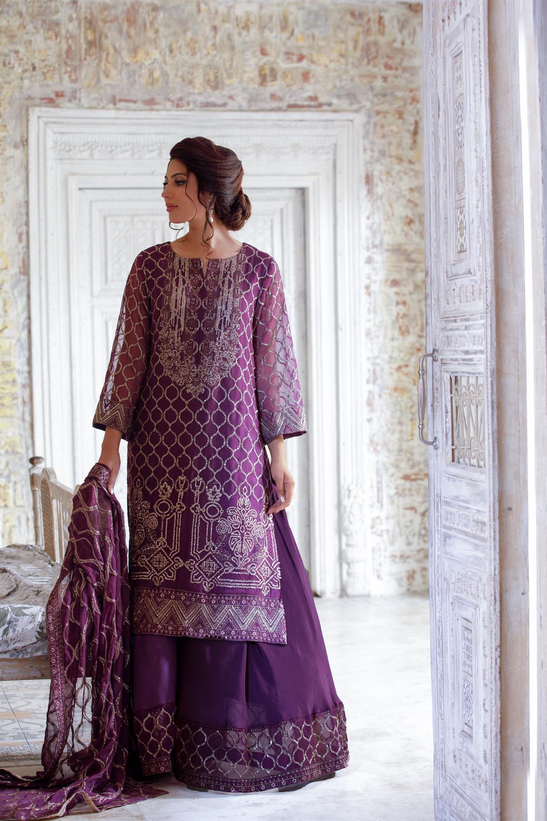 Purple Embroidered Chiffon Kameez with Sharara