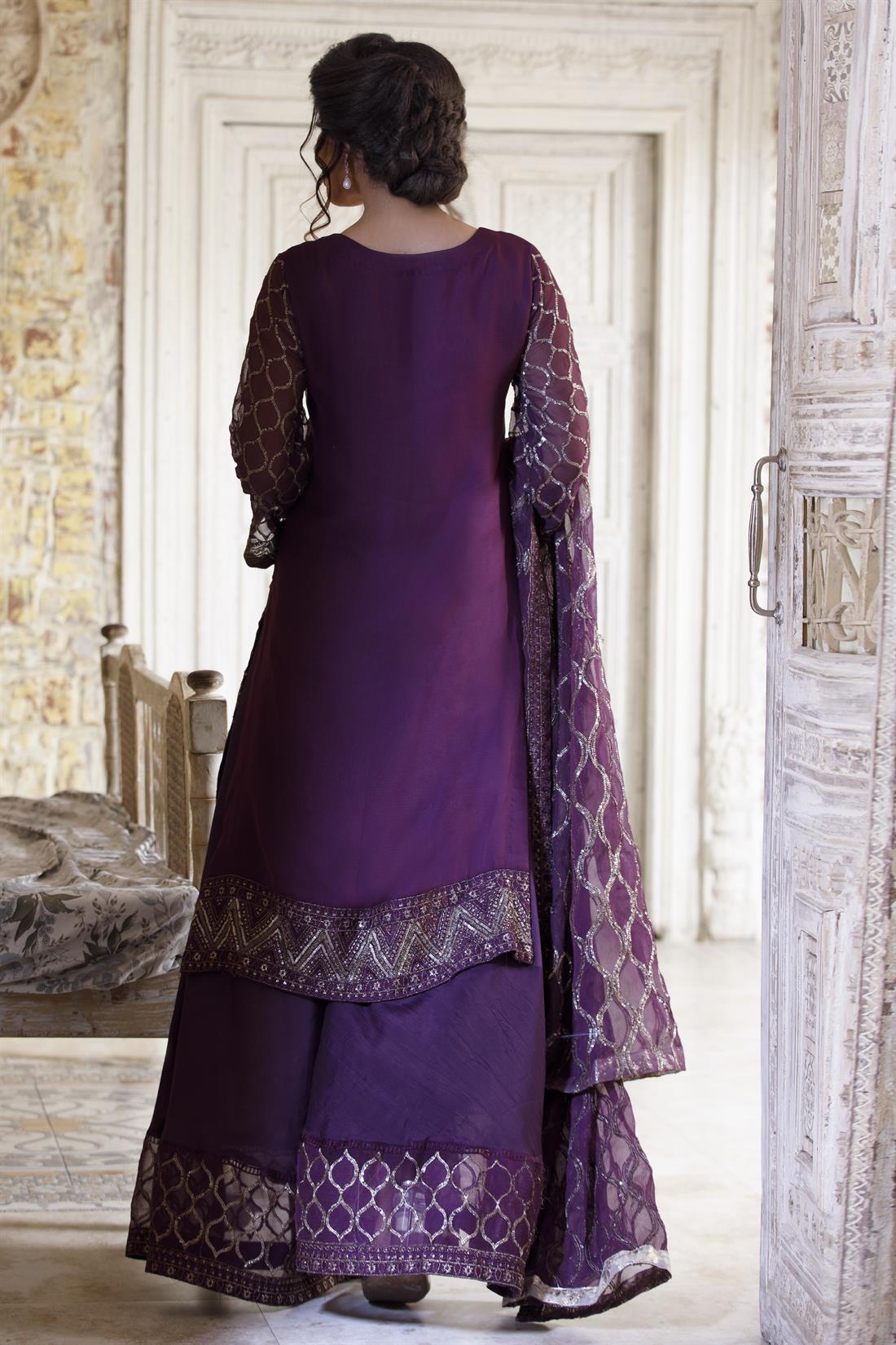 Purple Embroidered Chiffon Kameez with Sharara