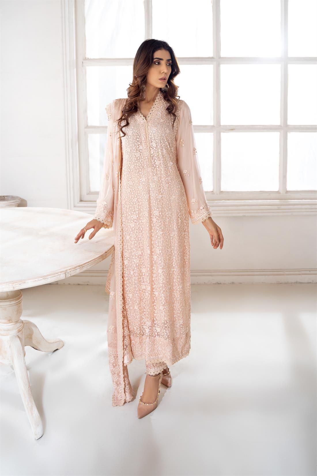 Peach Embroidered Raw Silk Navy Blue Chiffon Salwar Kameez with Dupatta