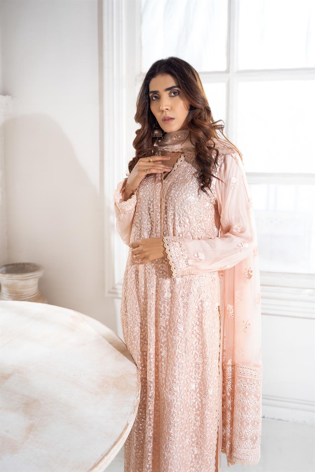 Peach Embroidered Raw Silk Navy Blue Chiffon Salwar Kameez with Dupatta