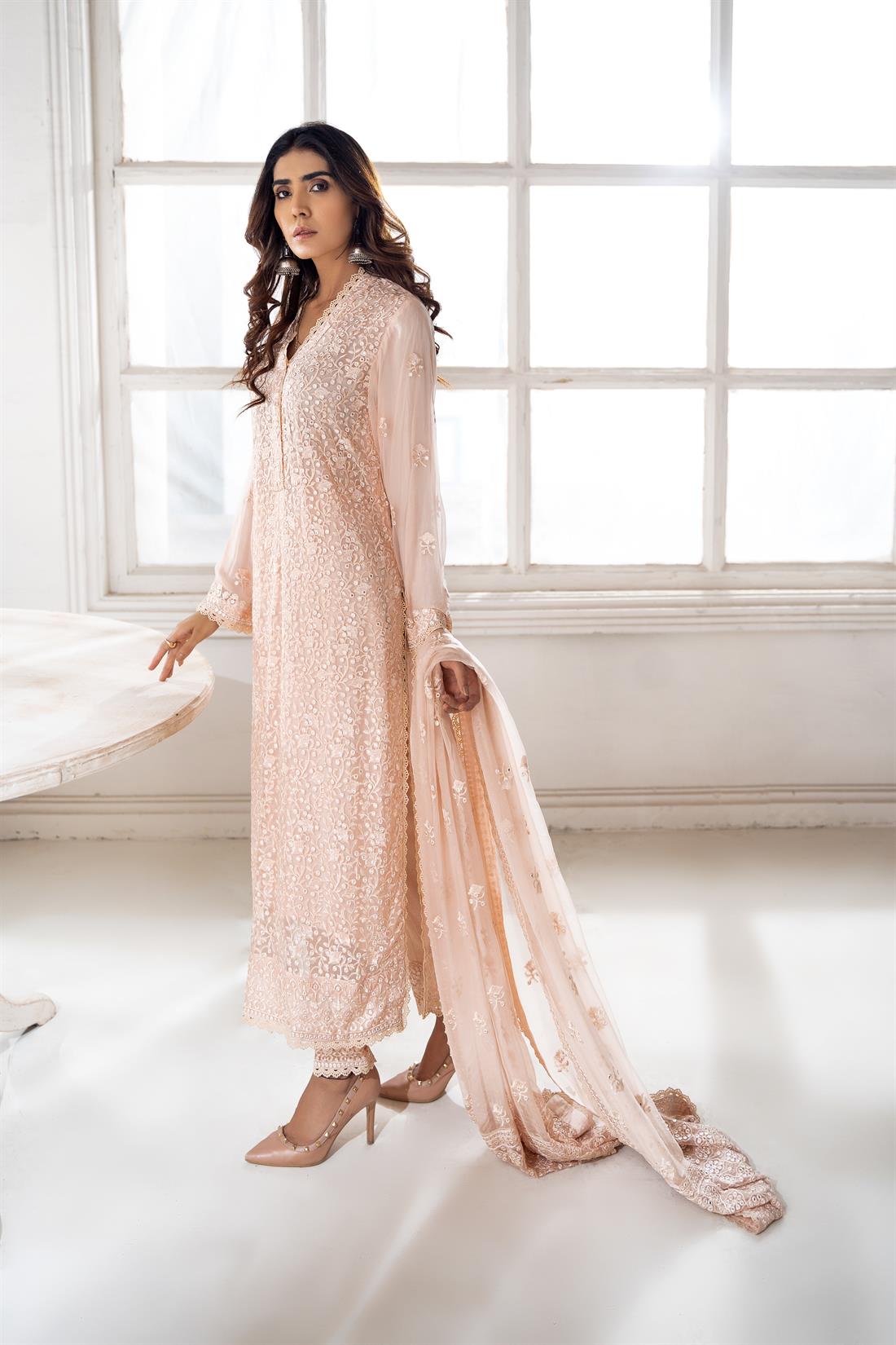 Peach Embroidered Raw Silk Navy Blue Chiffon Salwar Kameez with Dupatta