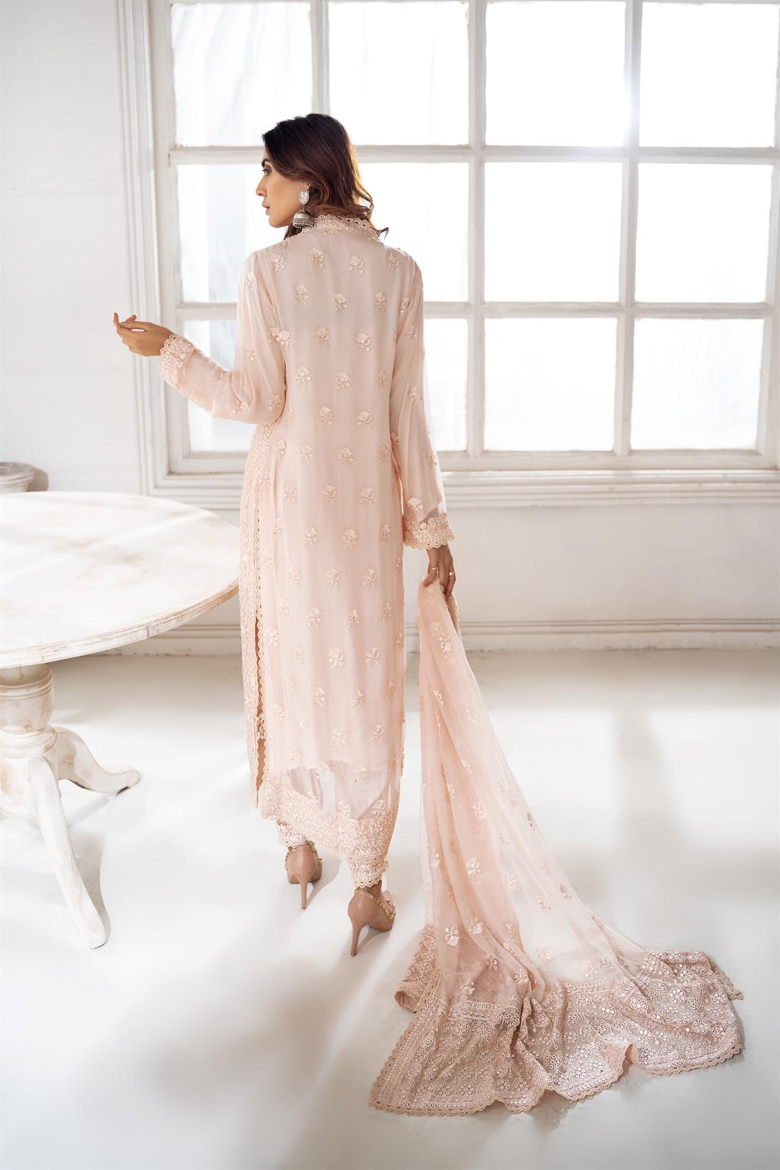 Peach Embroidered Raw Silk Navy Blue Chiffon Salwar Kameez with Dupatta
