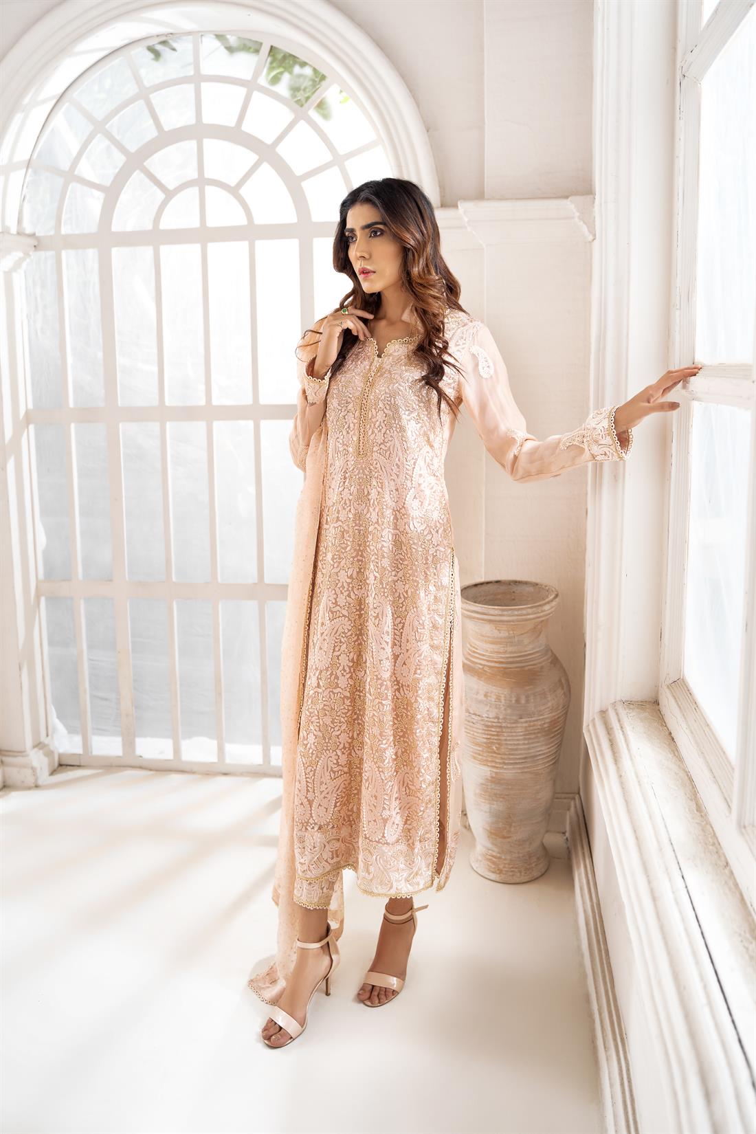 Peach Embroidered Raw Silk Elegant 3 Piece Pakistani Readymade Salwar Suit