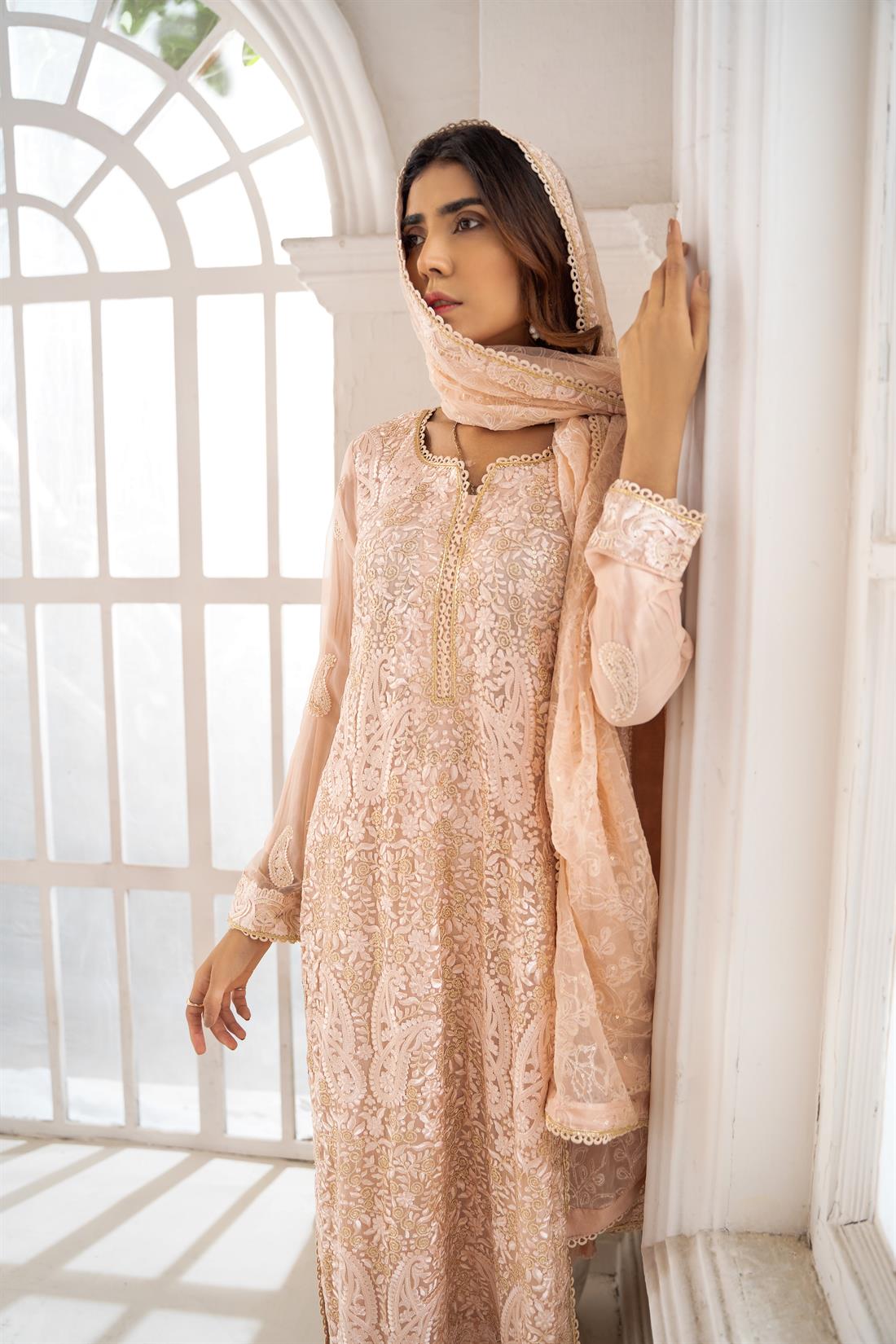 Peach Embroidered Raw Silk Elegant 3 Piece Pakistani Readymade Salwar Suit