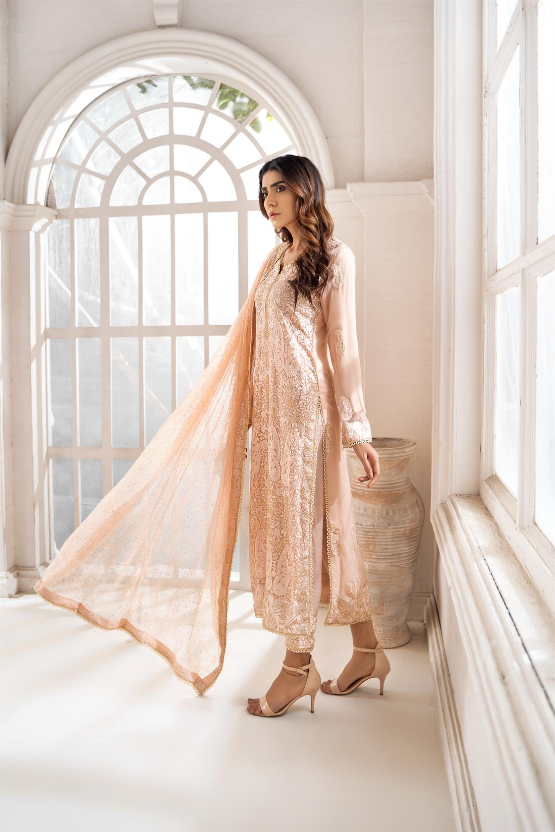 Peach Embroidered Raw Silk Elegant 3 Piece Pakistani Readymade Salwar Suit