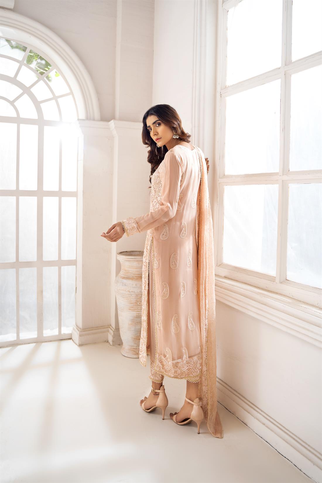 Peach Embroidered Raw Silk Elegant 3 Piece Pakistani Readymade Salwar Suit