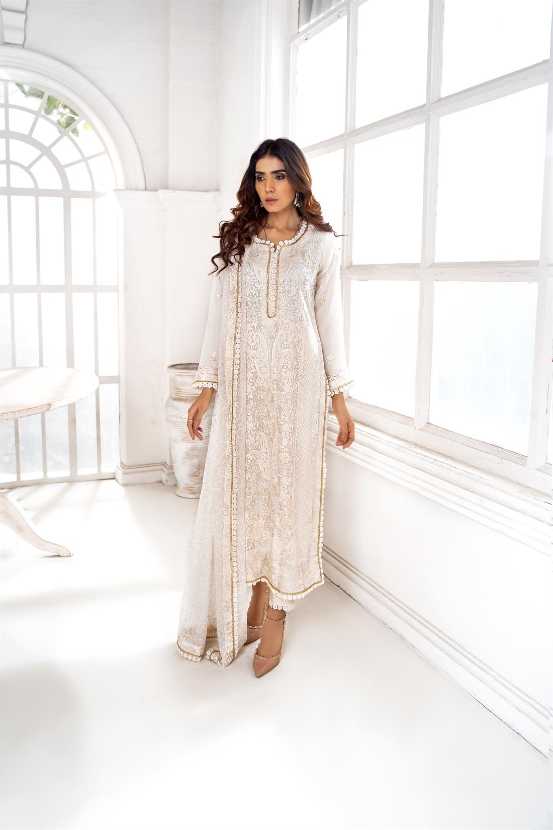 Cream Embroidered Raw Silk Mint Chiffon Shirt with Trouser & Dupatta