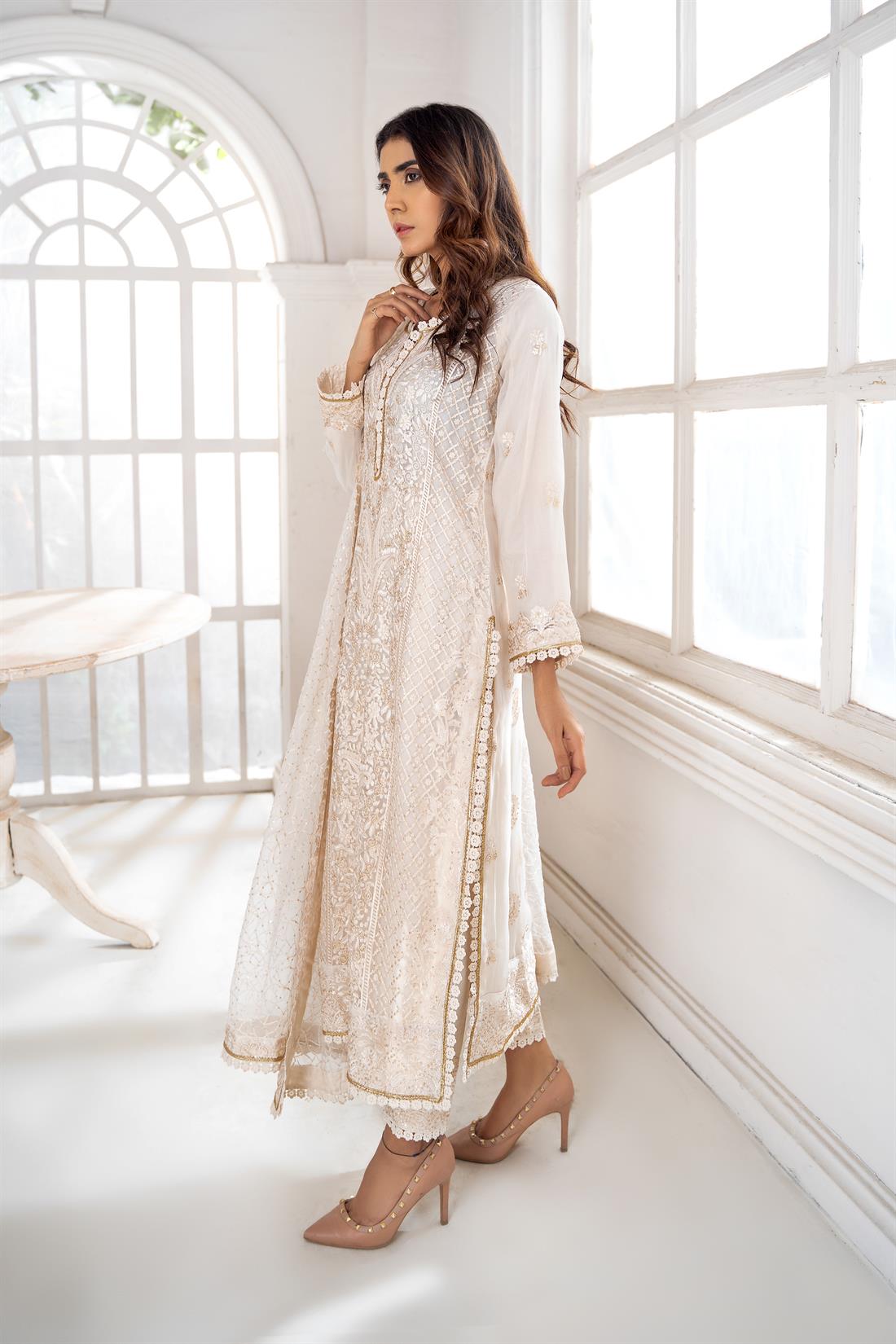 Cream Embroidered Raw Silk Mint Chiffon Shirt with Trouser & Dupatta