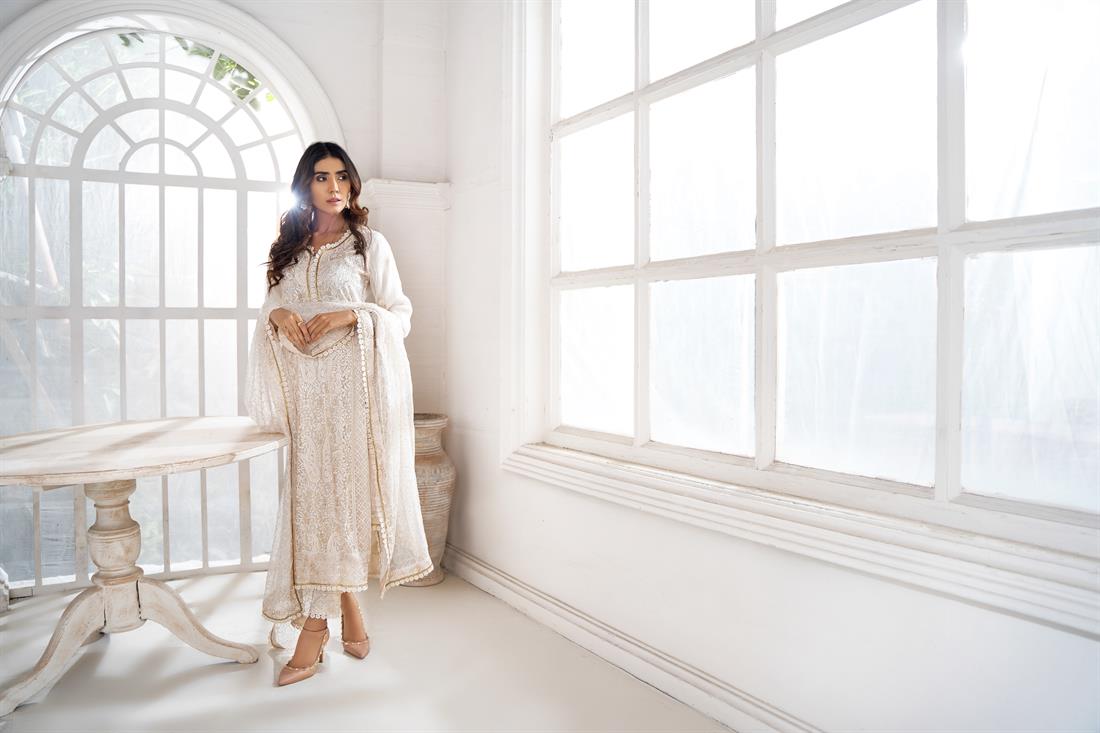 Cream Embroidered Raw Silk Mint Chiffon Shirt with Trouser & Dupatta