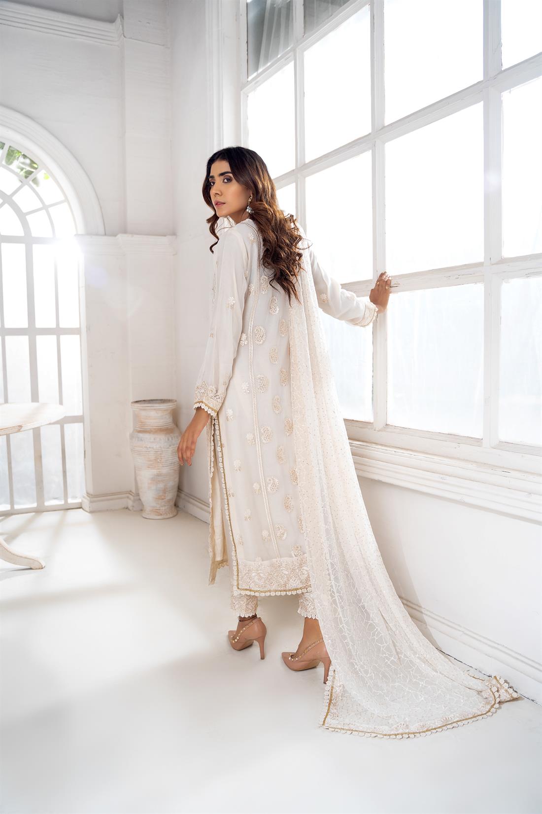 Cream Embroidered Raw Silk Mint Chiffon Shirt with Trouser & Dupatta