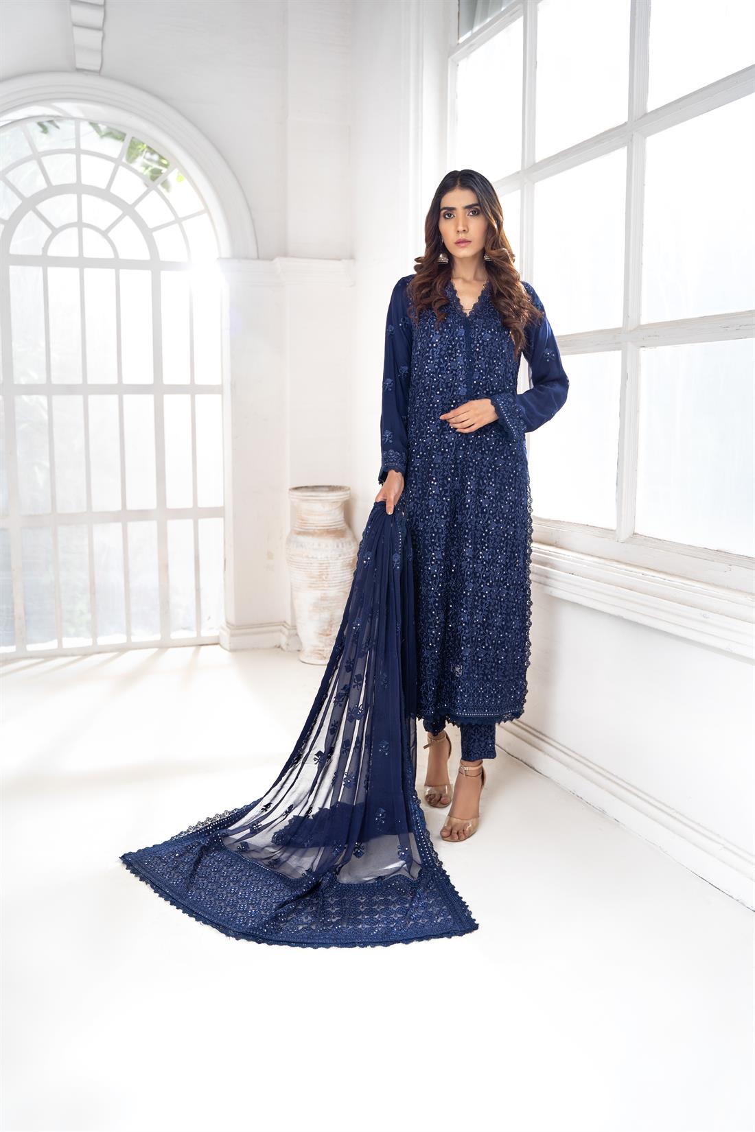 Navy Blue Embroidered Shirt with Raw Silk Trouser