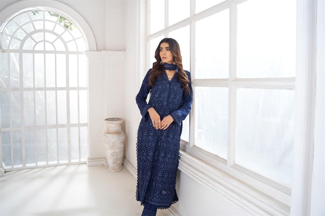 Navy Blue Embroidered Shirt with Raw Silk Trouser