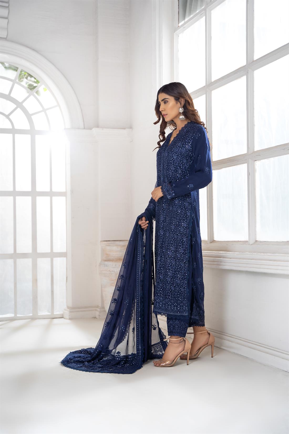 Navy Blue Embroidered Shirt with Raw Silk Trouser