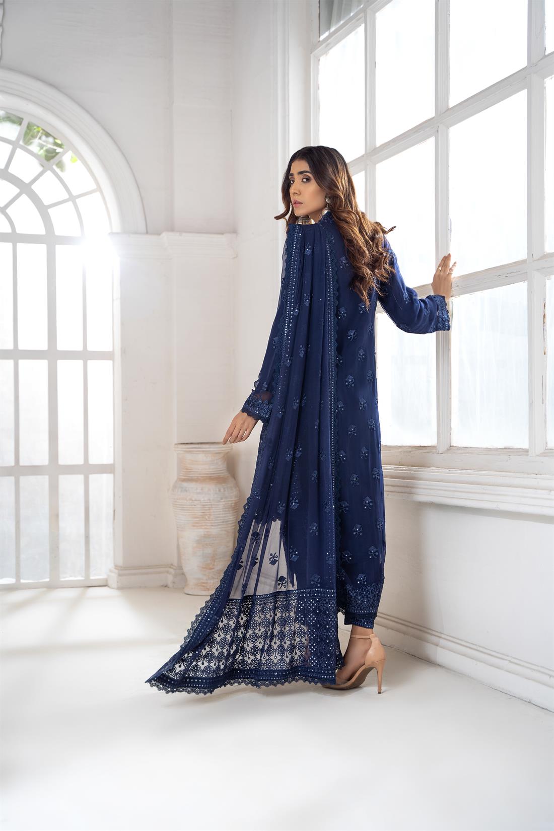 Navy Blue Embroidered Shirt with Raw Silk Trouser