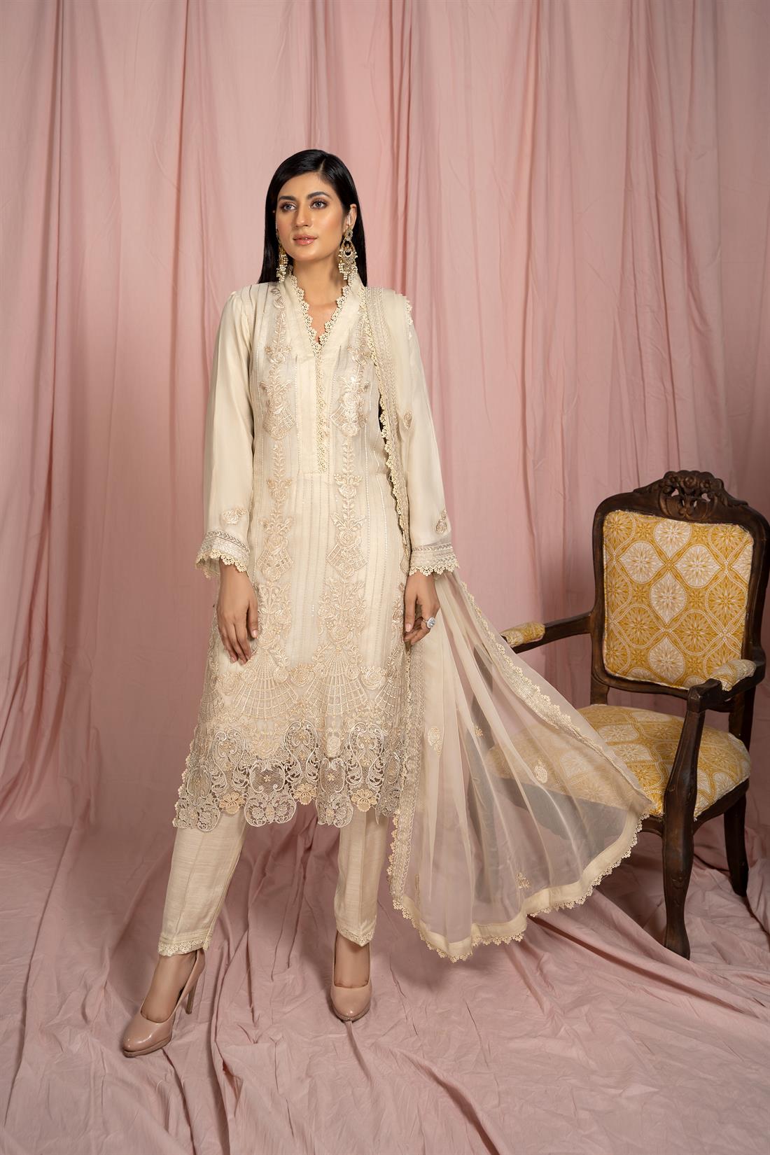 Cream Raw Silk Chiffon Heavy Embroidered Salwar Kameez