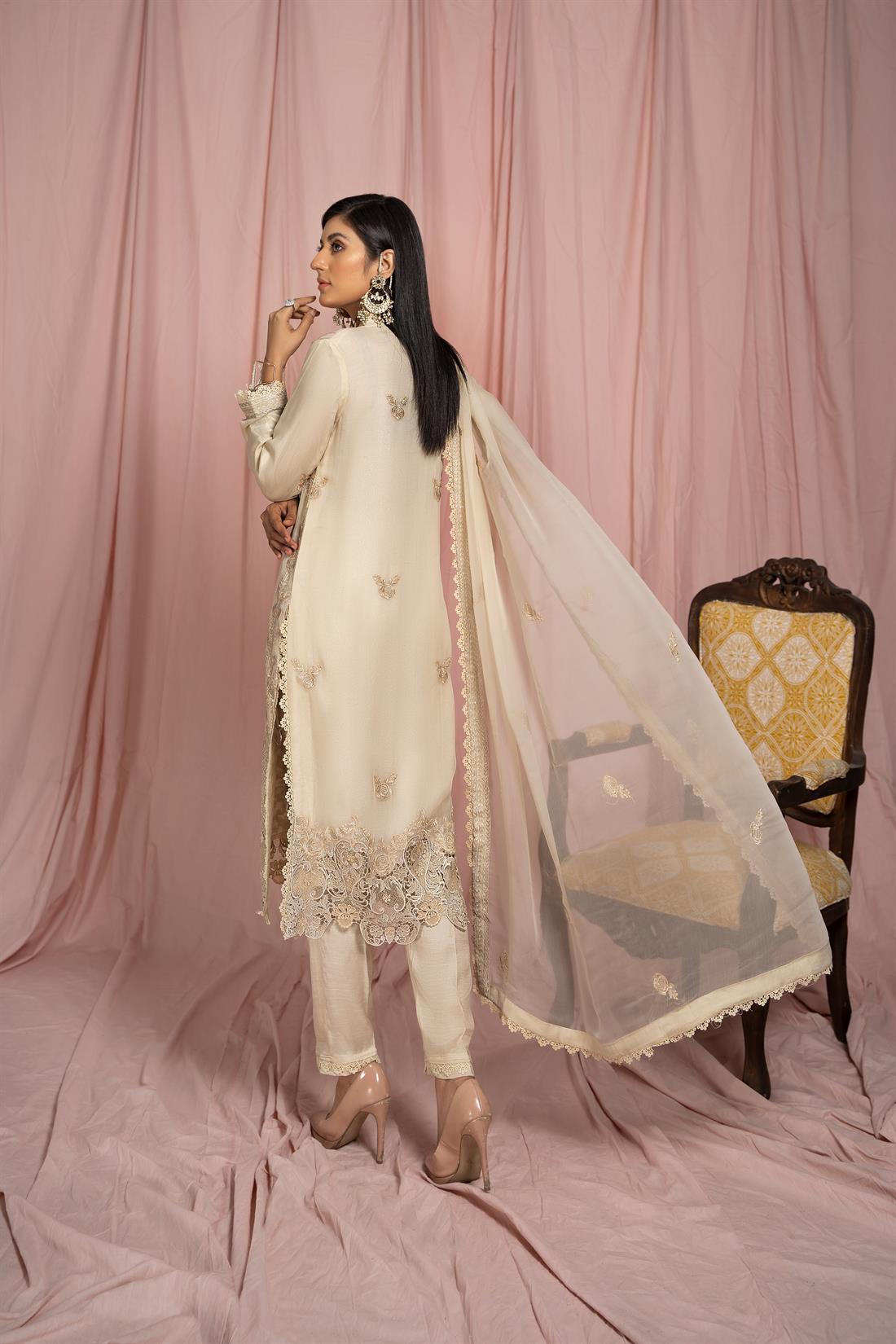 Cream Raw Silk Chiffon Heavy Embroidered Salwar Kameez