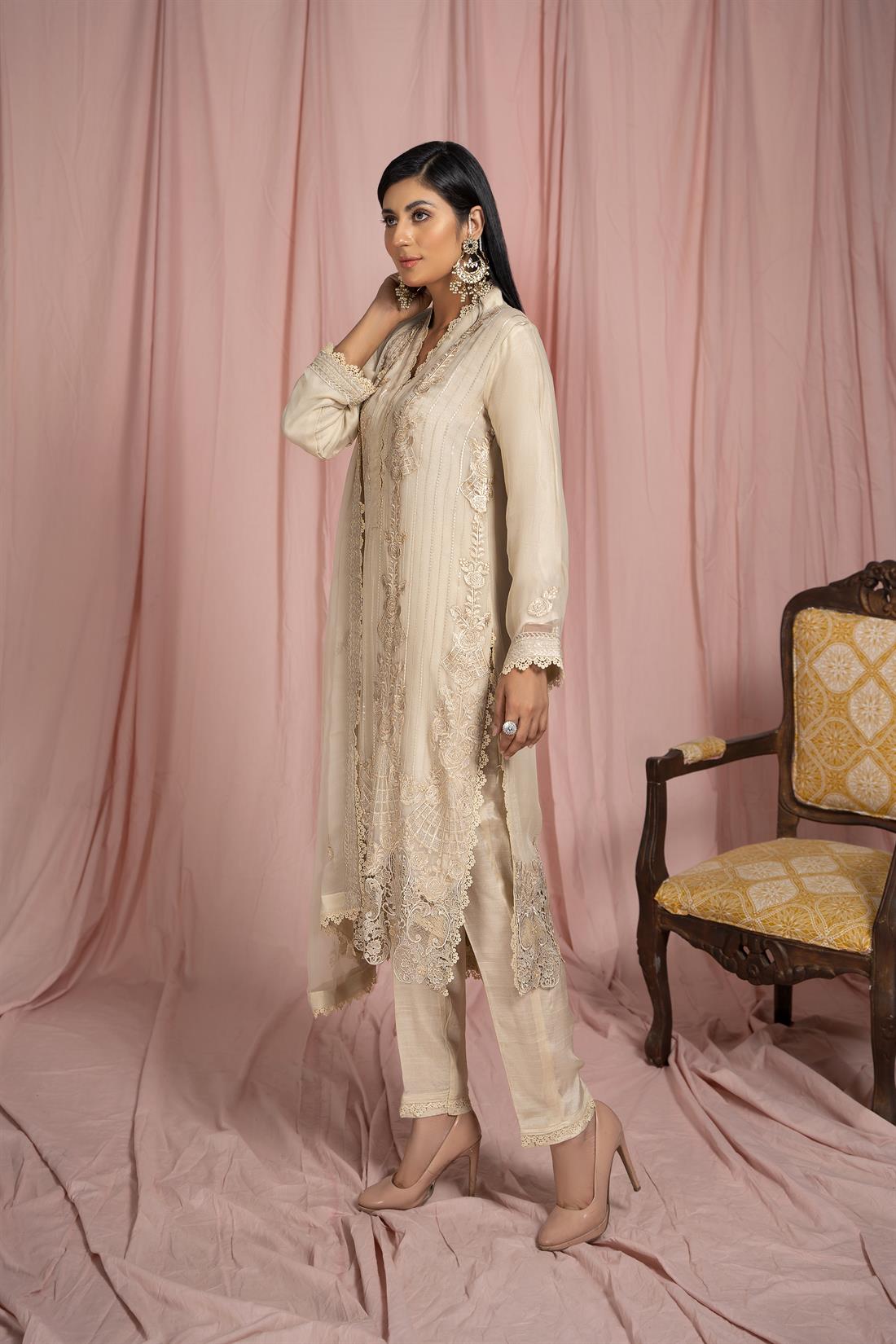 Cream Raw Silk Chiffon Heavy Embroidered Salwar Kameez