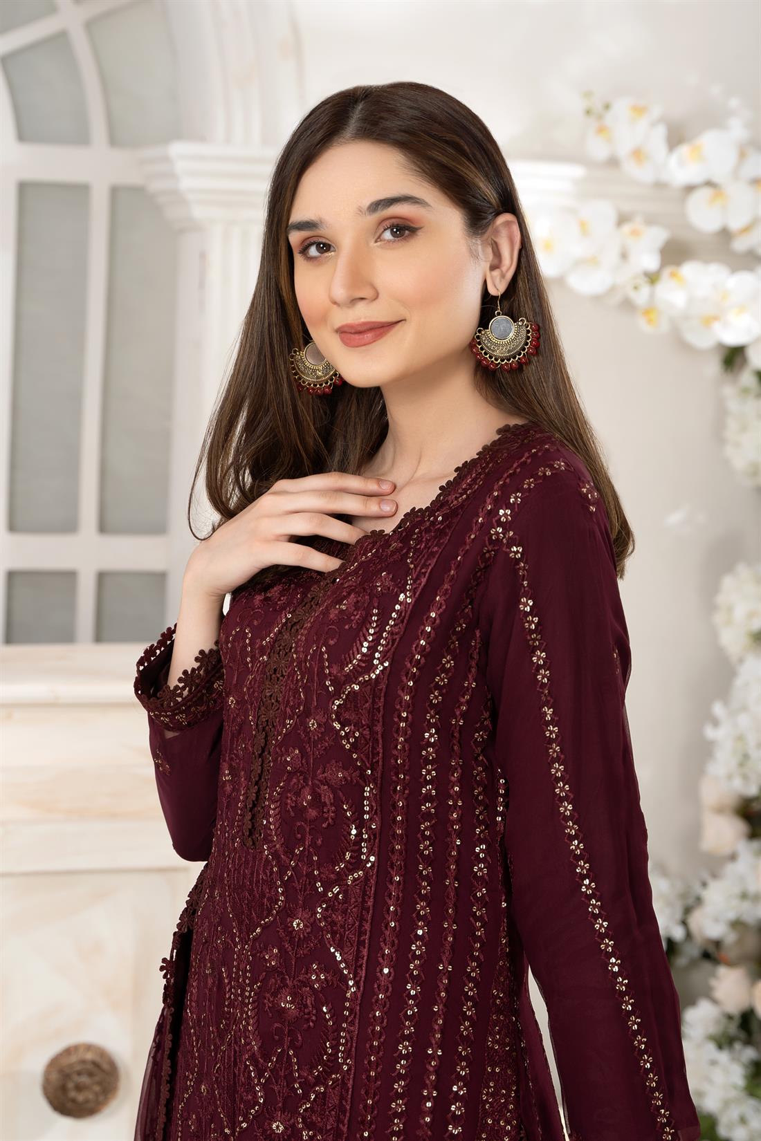 Burgundy Teal 3 Piece Embroidered Shirt with Raw Silk Trouser