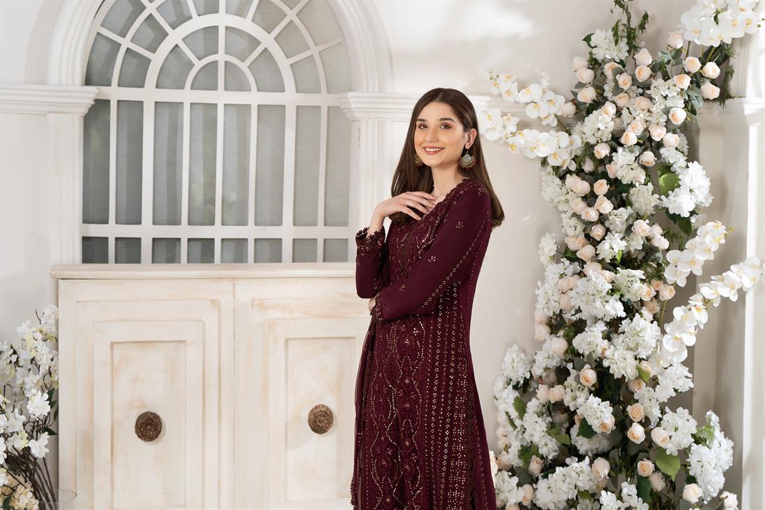 Burgundy Teal 3 Piece Embroidered Shirt with Raw Silk Trouser