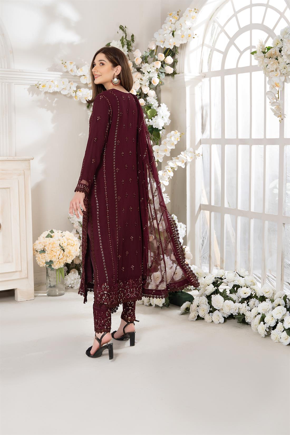 Burgundy Teal 3 Piece Embroidered Shirt with Raw Silk Trouser