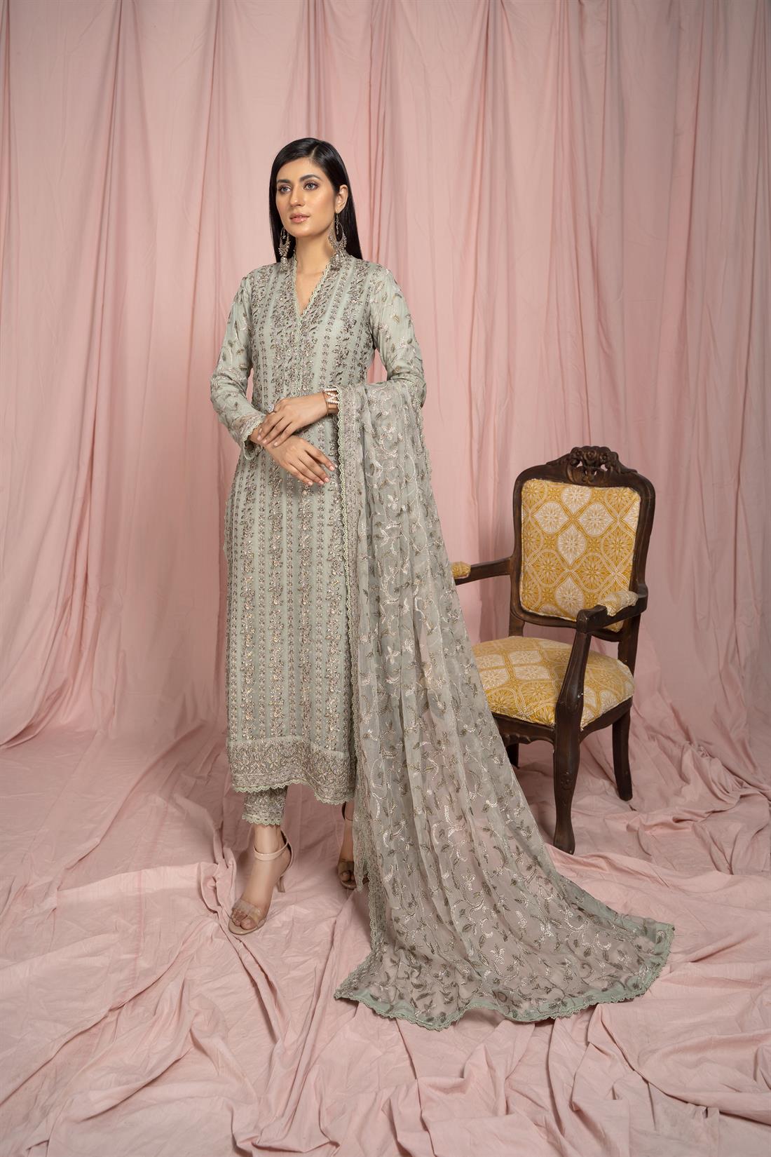 Mint 3 Piece Embroidered Shirt with Raw Silk Trouser