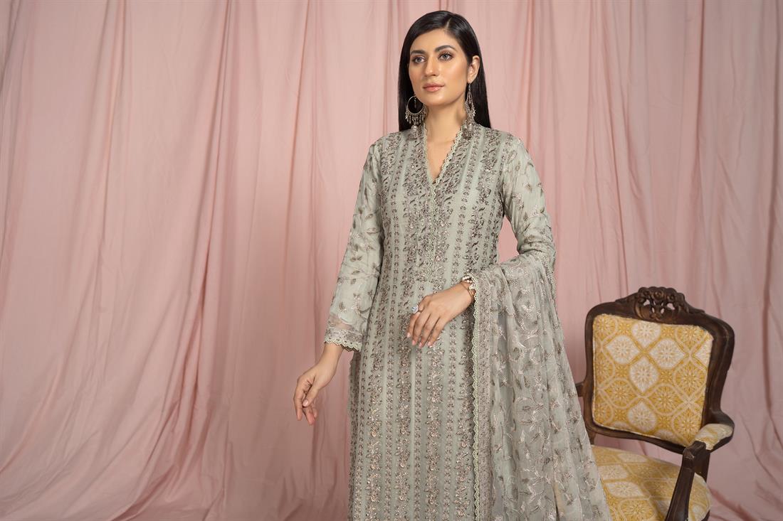 Mint 3 Piece Embroidered Shirt with Raw Silk Trouser