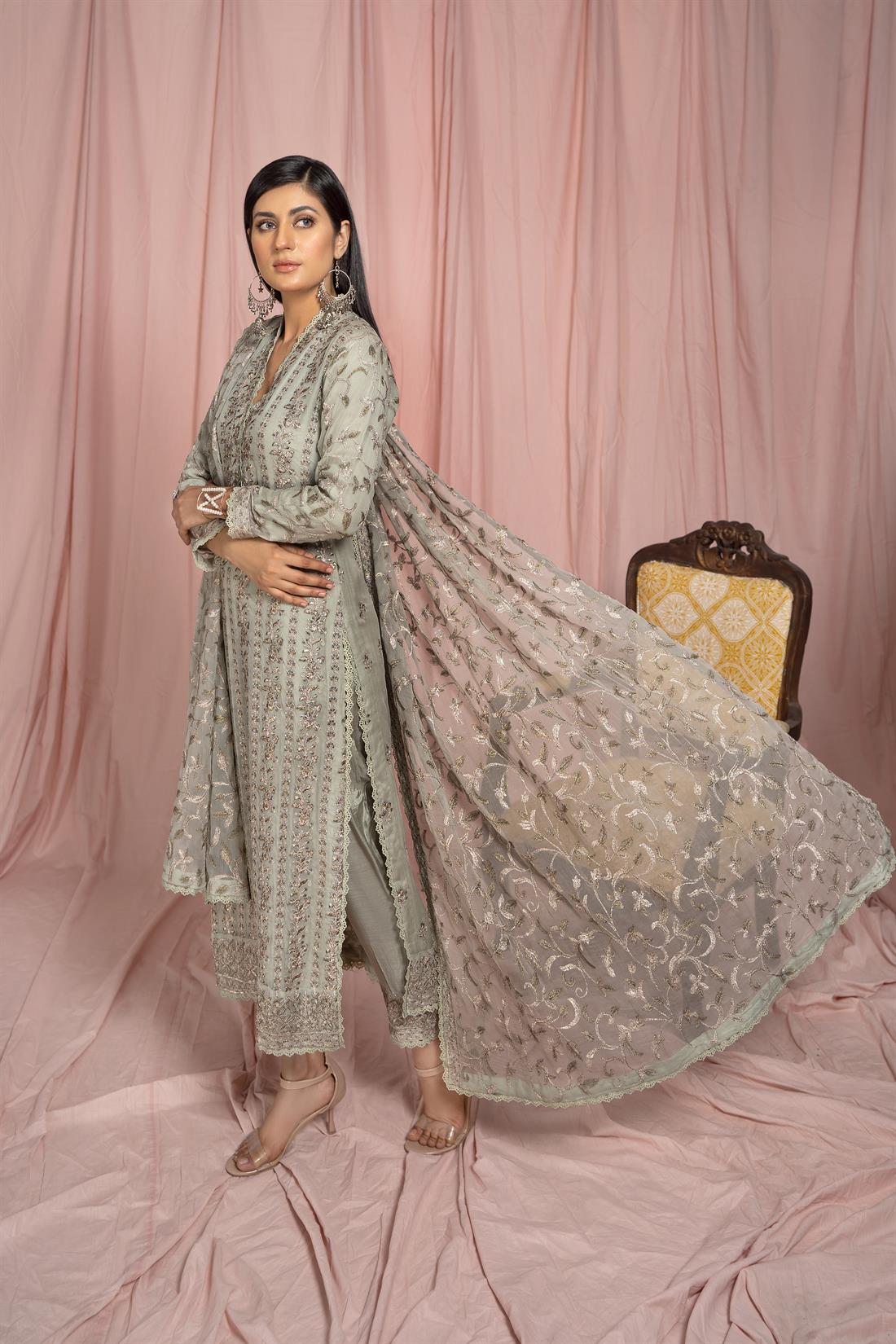 Mint 3 Piece Embroidered Shirt with Raw Silk Trouser
