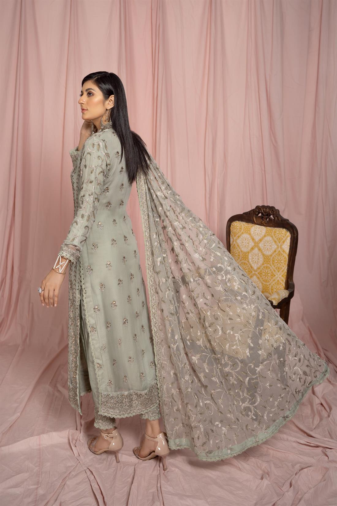 Mint 3 Piece Embroidered Shirt with Raw Silk Trouser