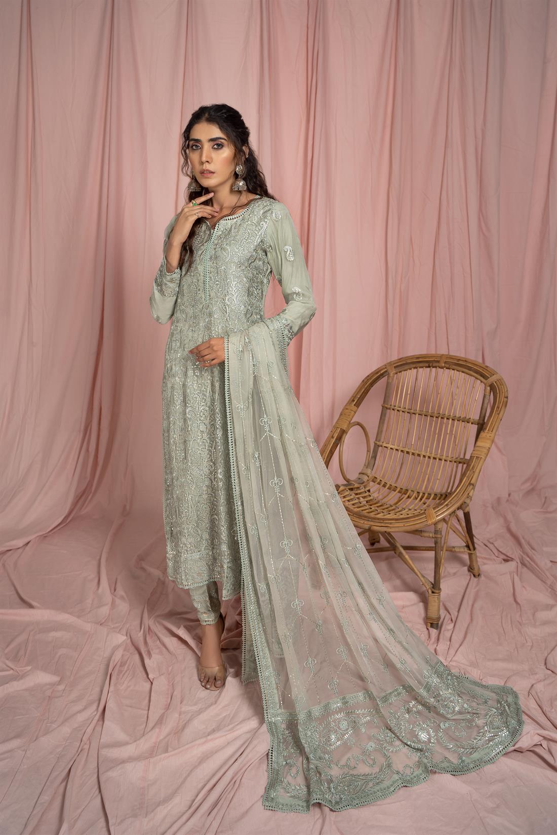Mint 3 Piece Embroidered Shirt with Raw Silk Trouser