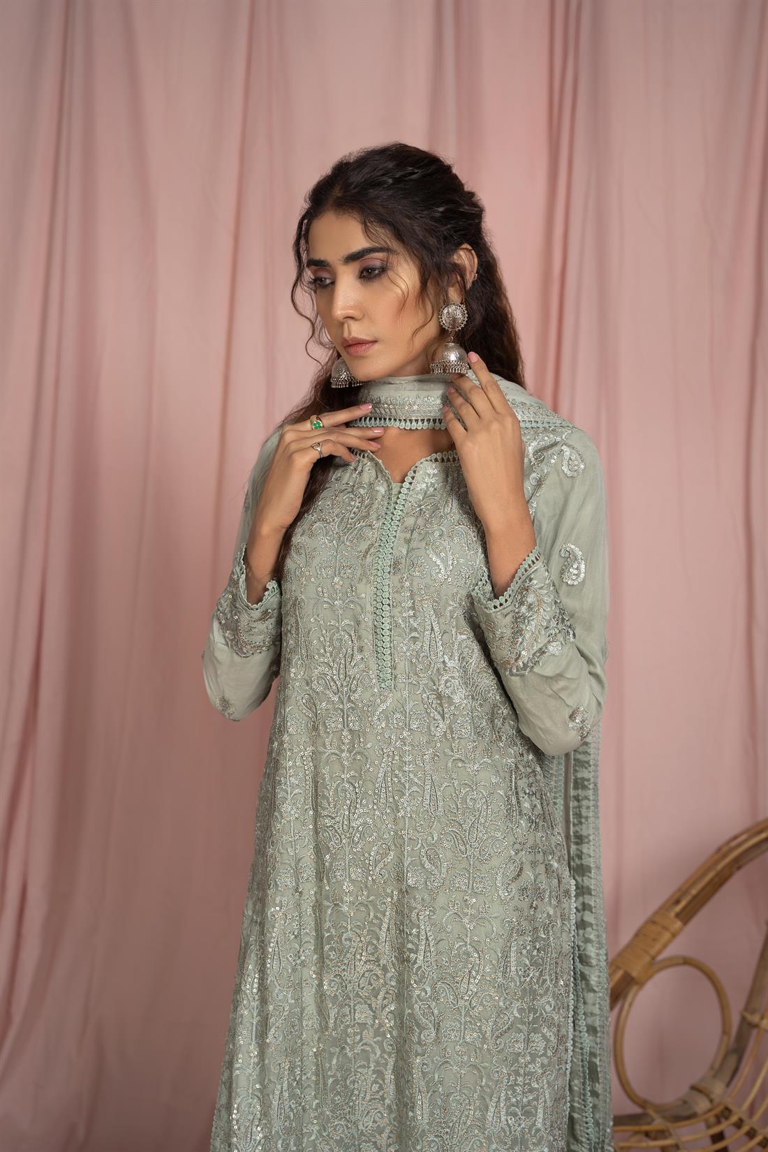Mint 3 Piece Embroidered Shirt with Raw Silk Trouser