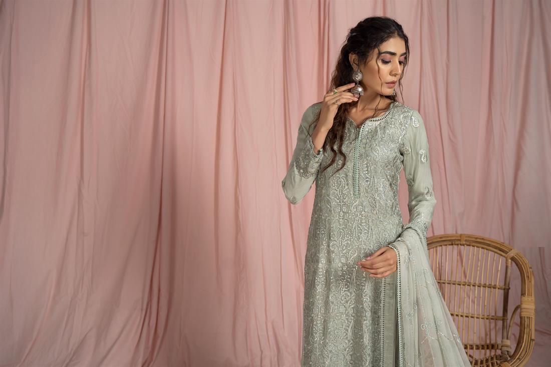 Mint 3 Piece Embroidered Shirt with Raw Silk Trouser