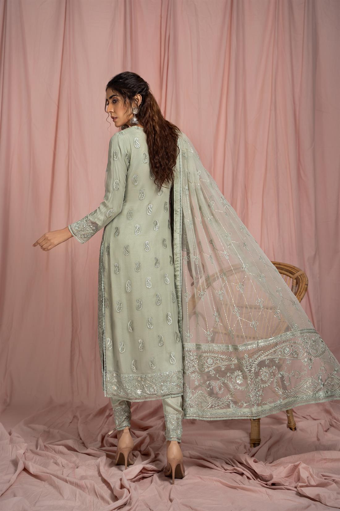 Mint 3 Piece Embroidered Shirt with Raw Silk Trouser