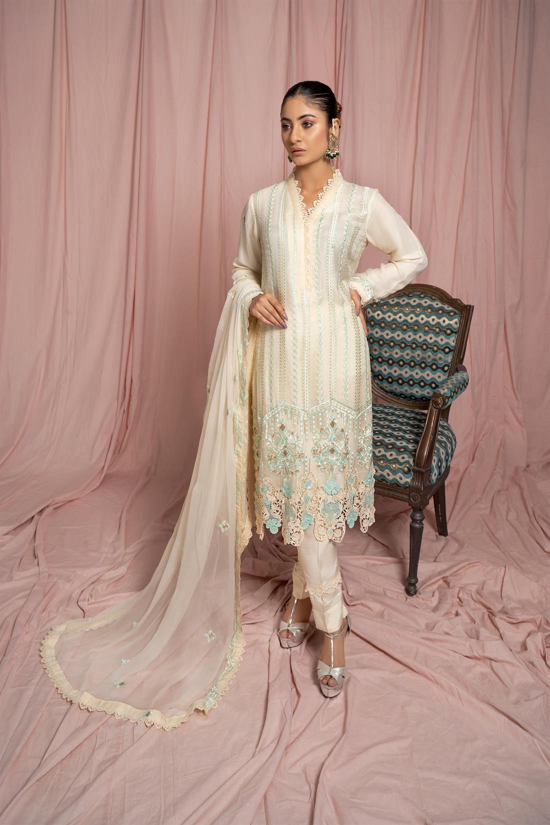 Cream 3 Piece Embroidered Shirt with Raw Silk Trouser