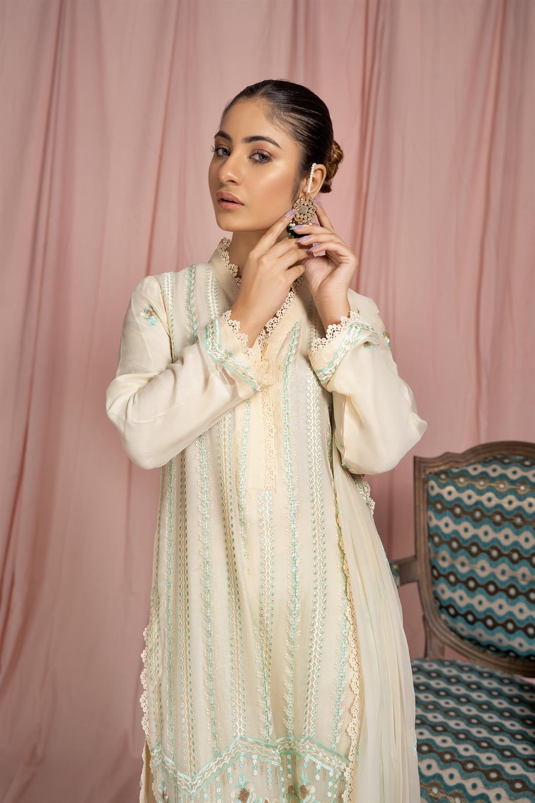 Cream 3 Piece Embroidered Shirt with Raw Silk Trouser