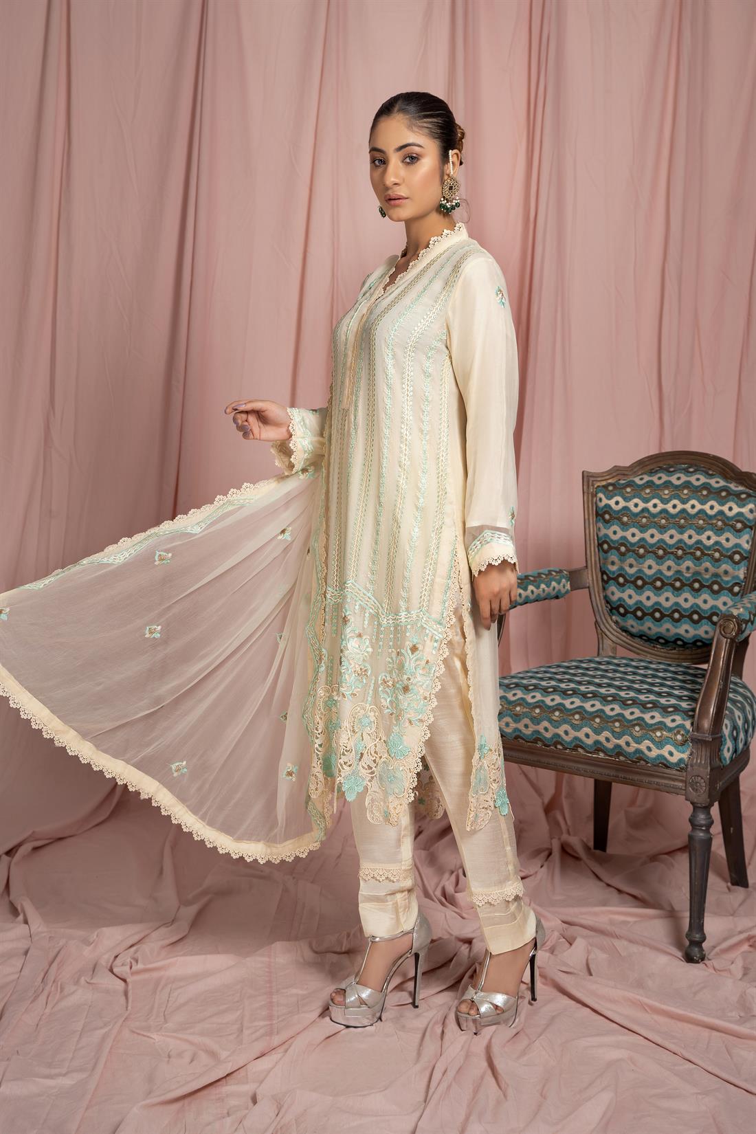 Cream 3 Piece Embroidered Shirt with Raw Silk Trouser