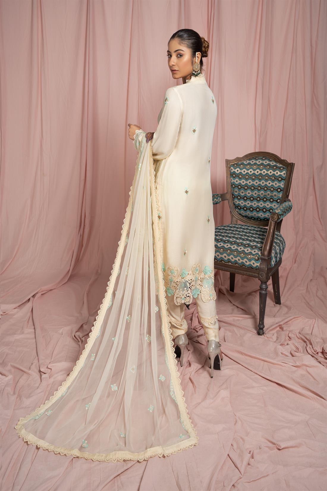 Cream 3 Piece Embroidered Shirt with Raw Silk Trouser