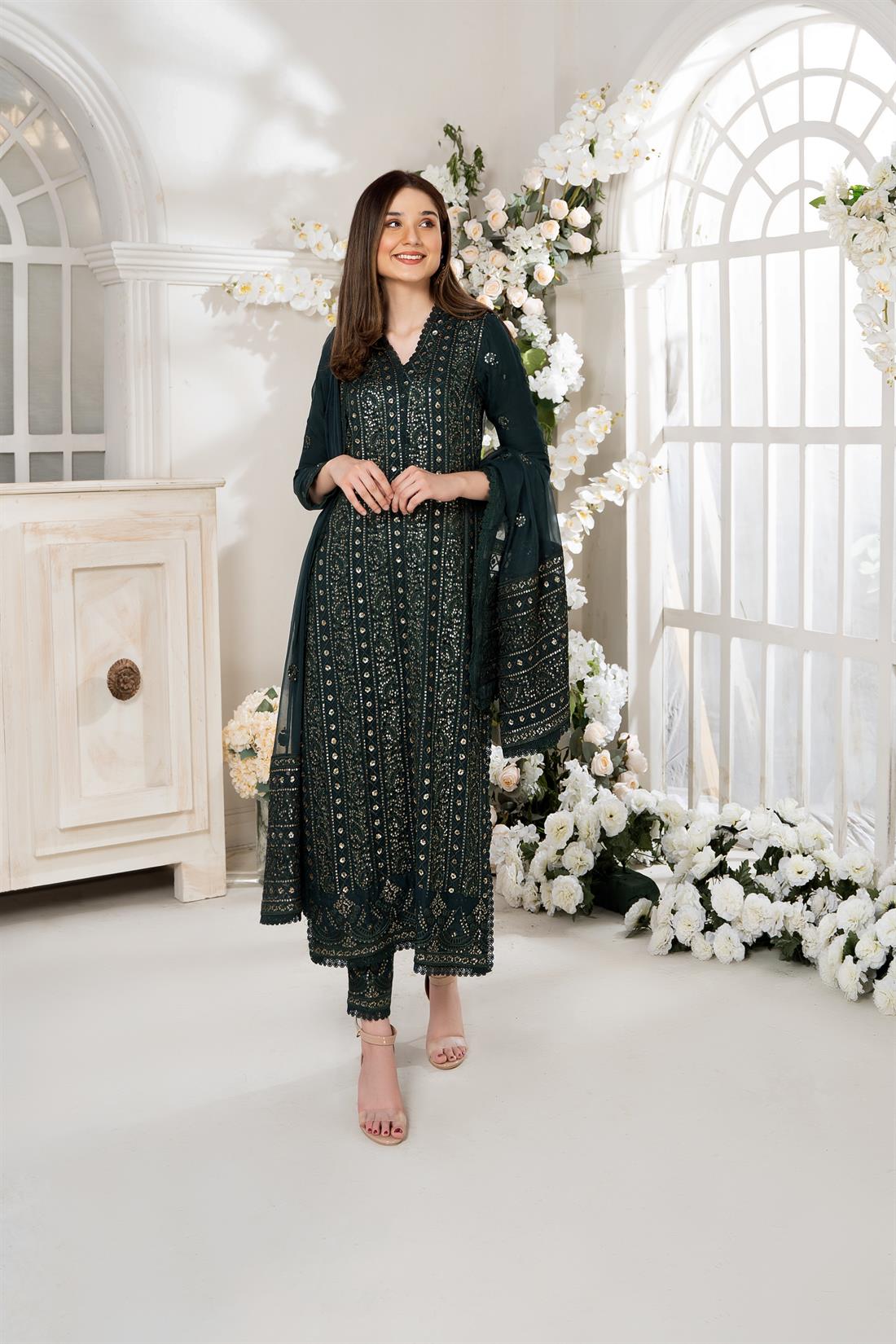 Dark Green Embroidered 3 Piece Heavy Shirt with Raw Silk Trouser