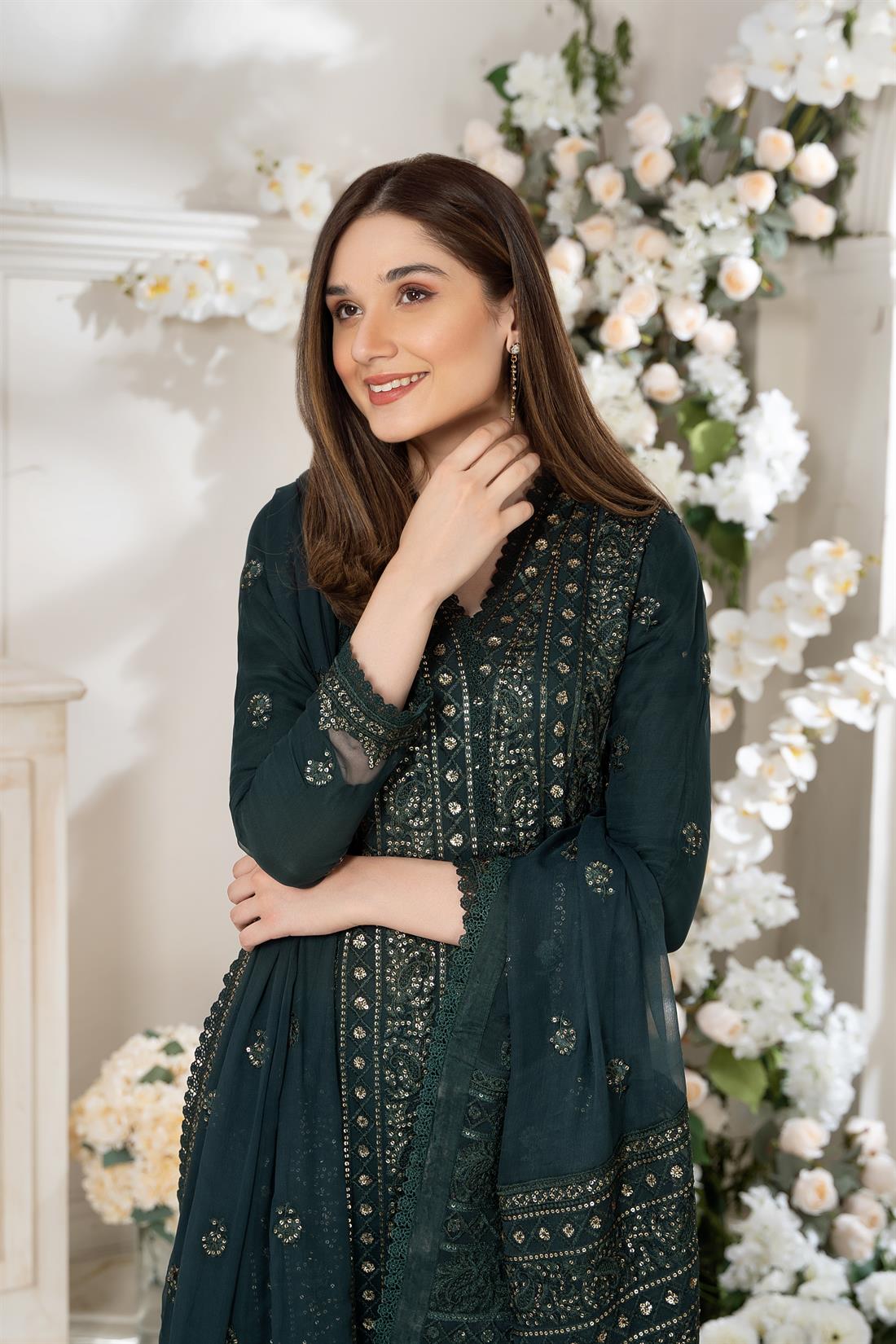 Dark Green Embroidered 3 Piece Heavy Shirt with Raw Silk Trouser