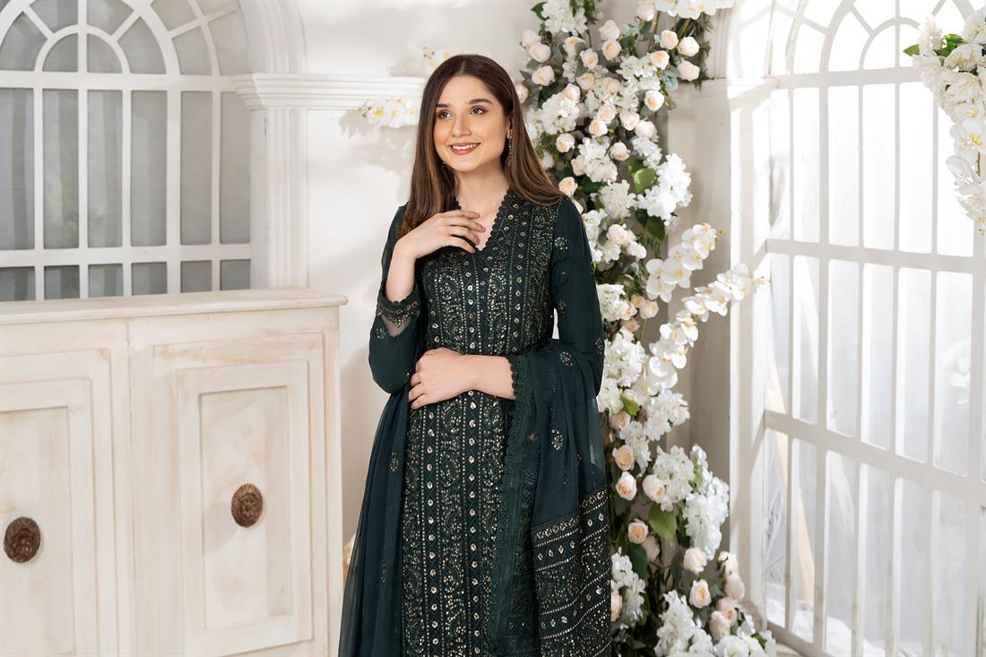 Dark Green Embroidered 3 Piece Heavy Shirt with Raw Silk Trouser