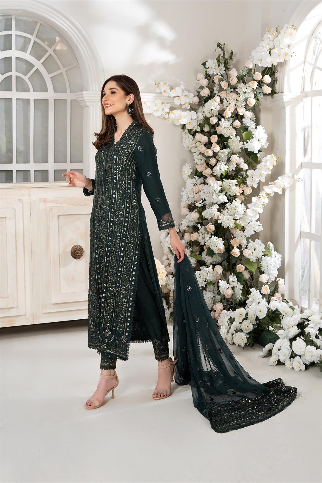 Dark Green Embroidered 3 Piece Heavy Shirt with Raw Silk Trouser