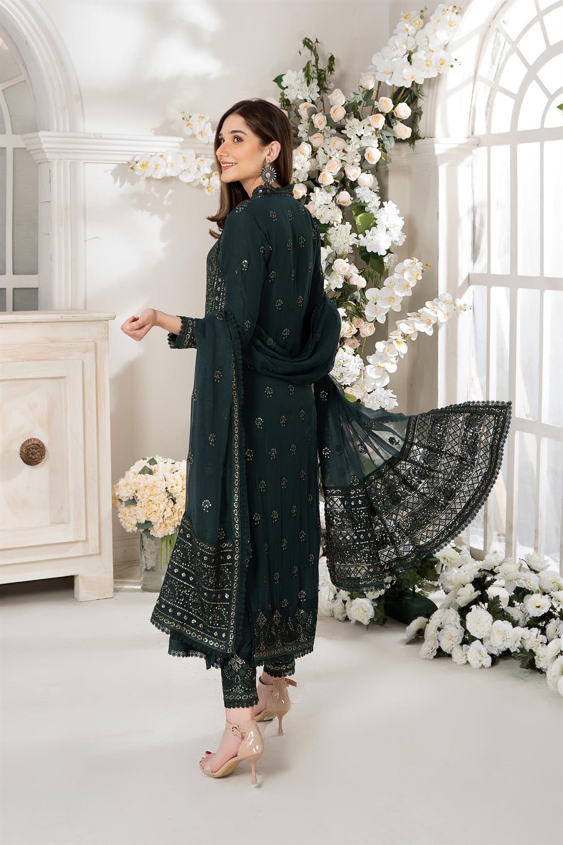 Dark Green Embroidered 3 Piece Heavy Shirt with Raw Silk Trouser