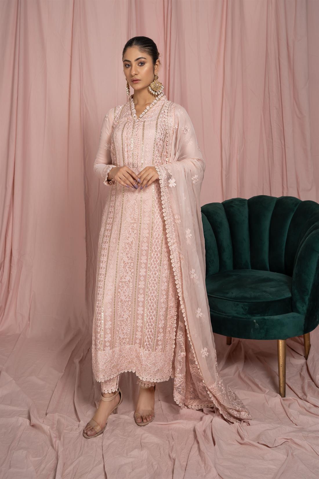 Blush Pink Embroidered Raw Silk Ladies Readymade