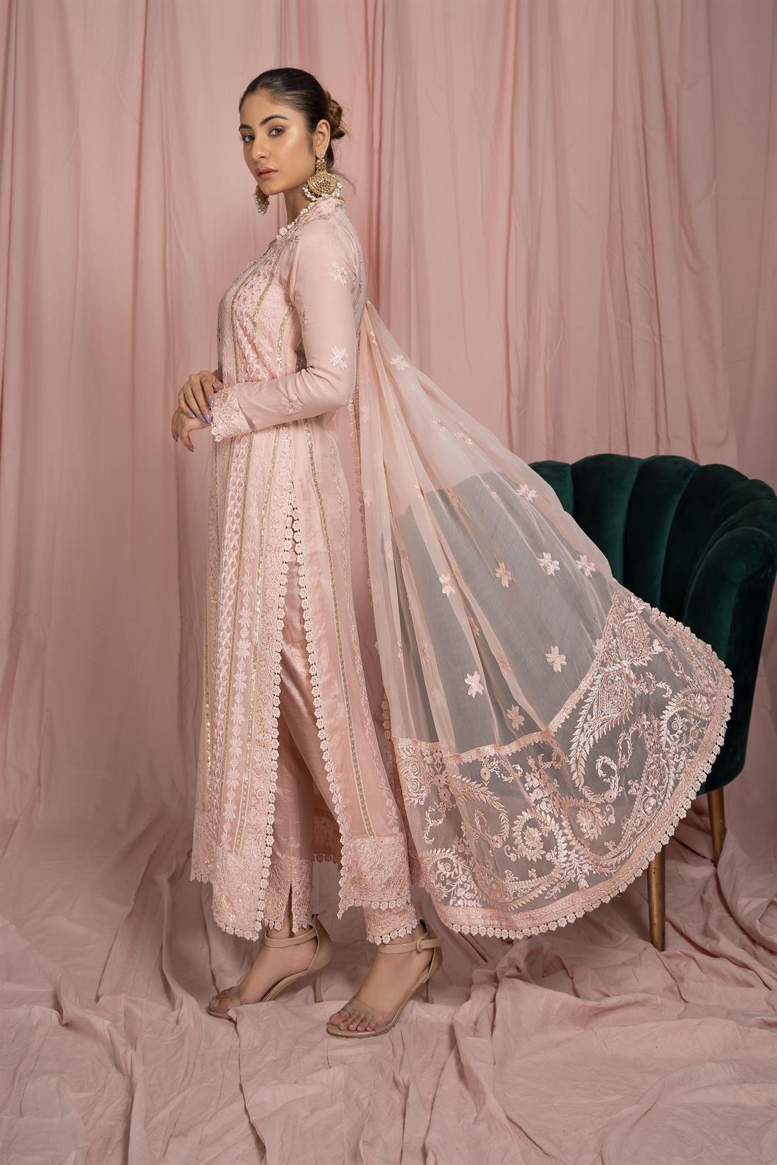 Blush Pink Embroidered Raw Silk Ladies Readymade