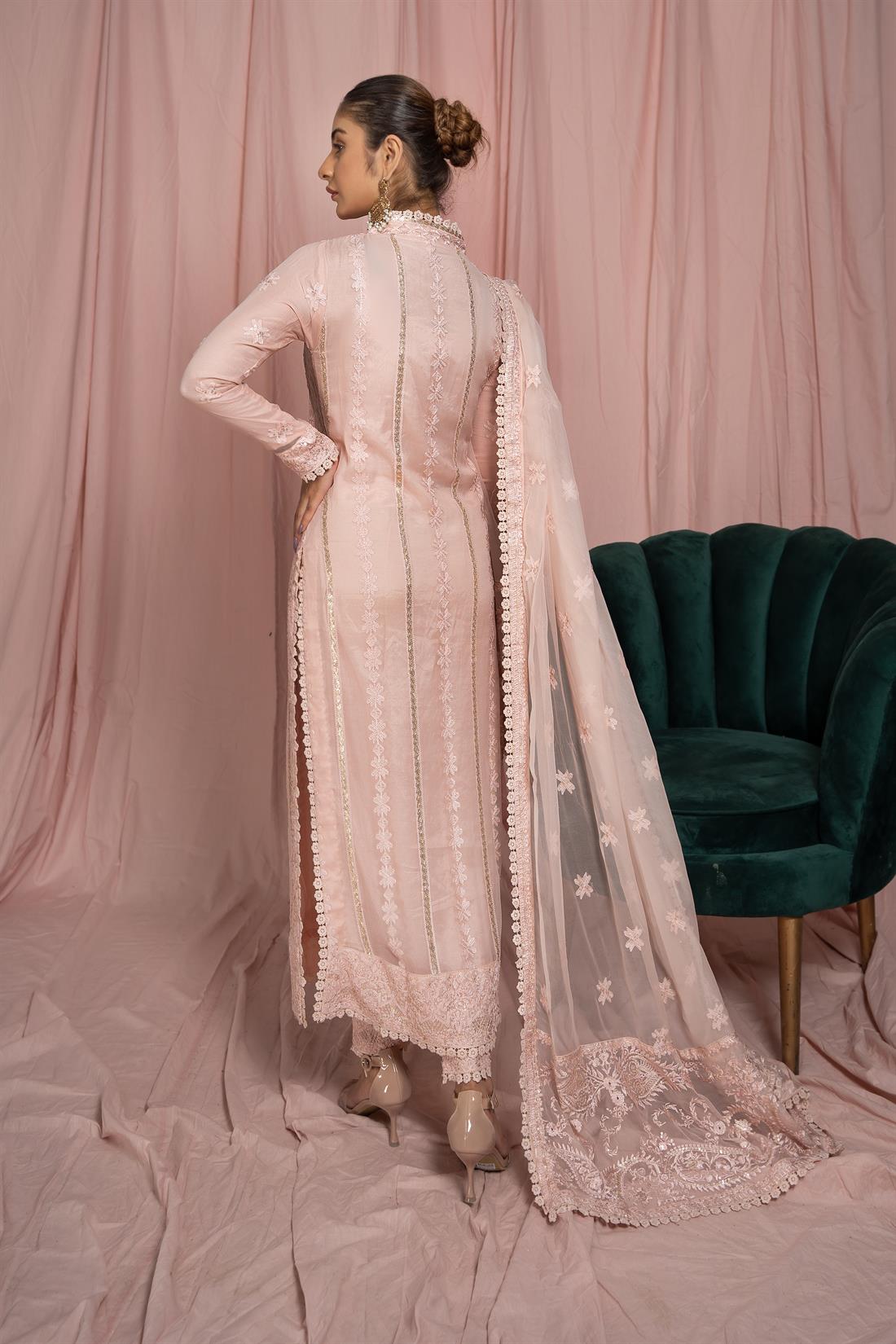 Blush Pink Embroidered Raw Silk Ladies Readymade