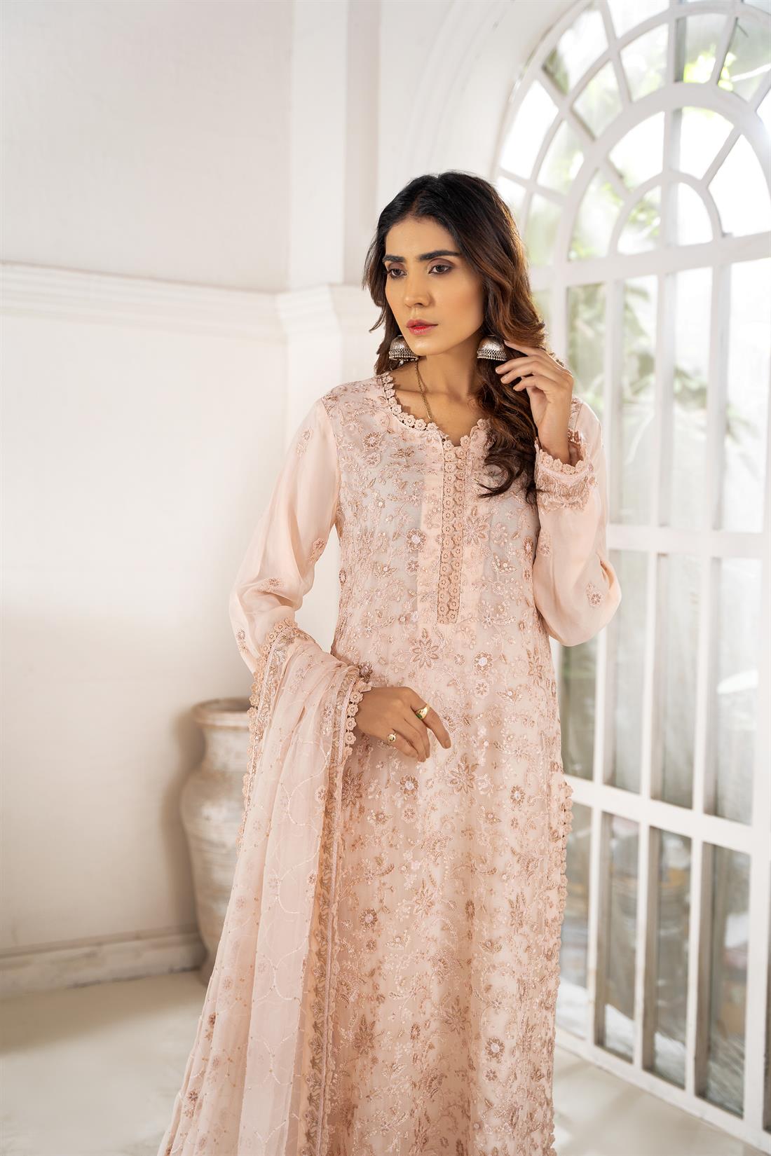 Pale Peach Embroidered 3 Piece Heavy Shirt with Raw Silk Trouser