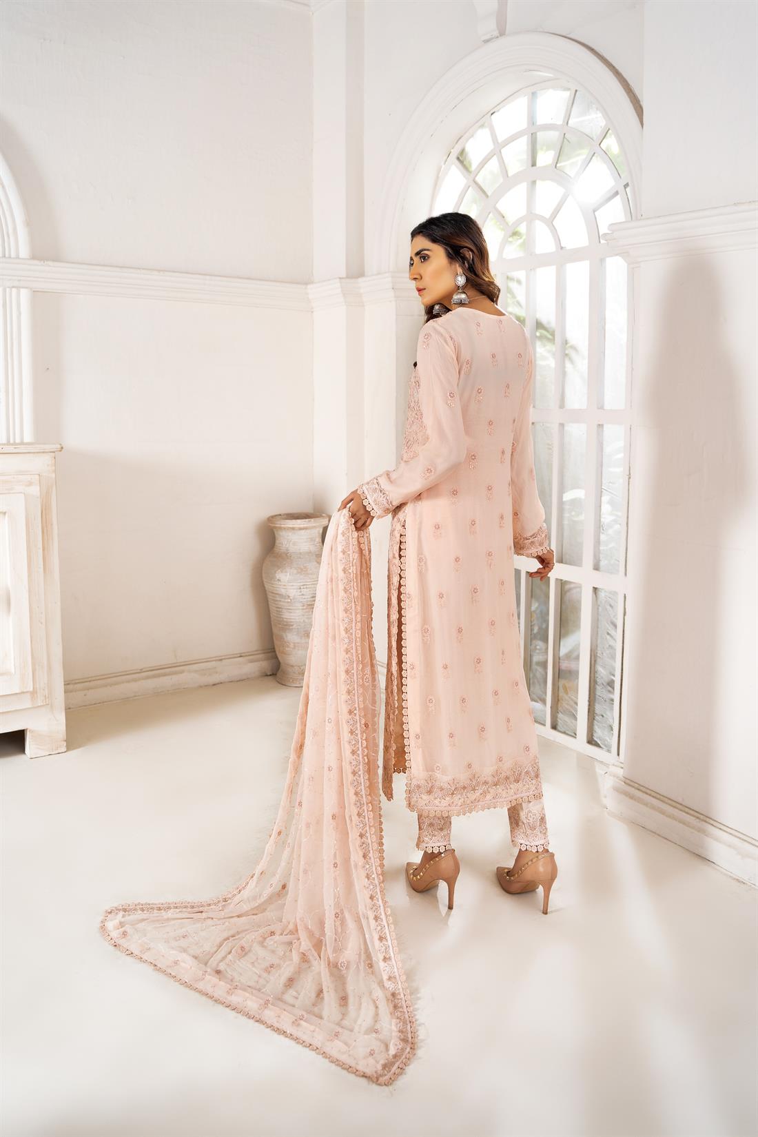 Pale Peach Embroidered 3 Piece Heavy Shirt with Raw Silk Trouser