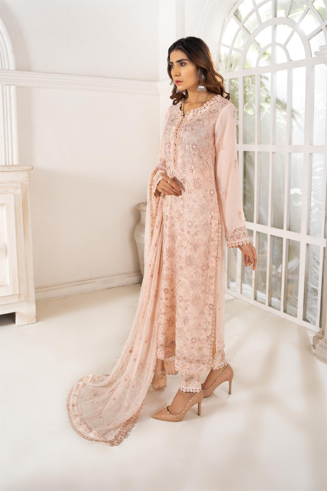 Pale Peach Embroidered 3 Piece Heavy Shirt with Raw Silk Trouser