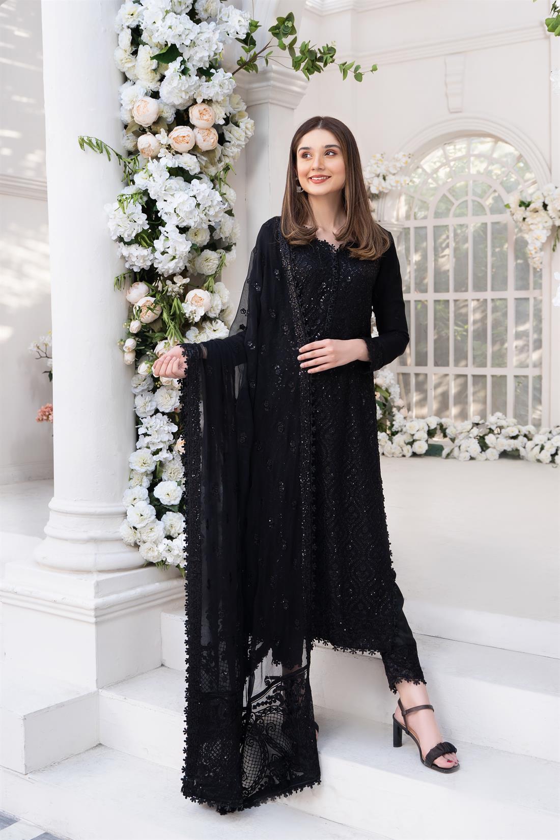 Black Embroidered Raw Silk Ladies Readymade