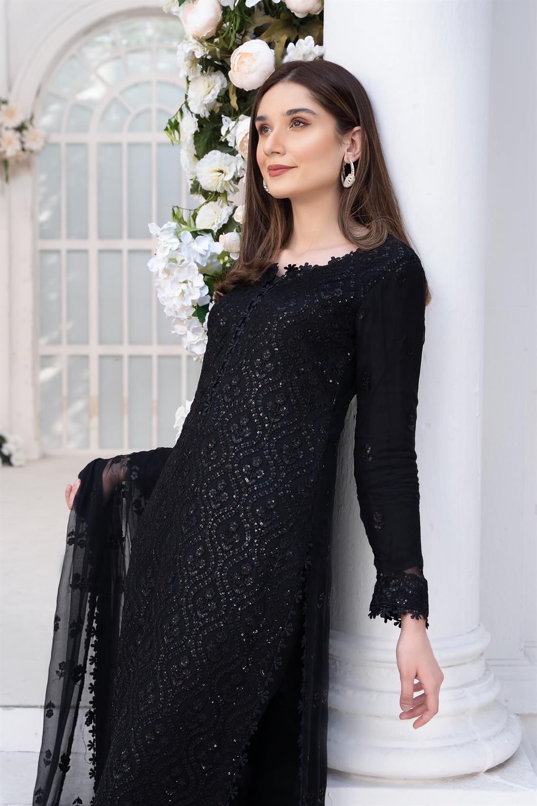 Black Embroidered Raw Silk Ladies Readymade
