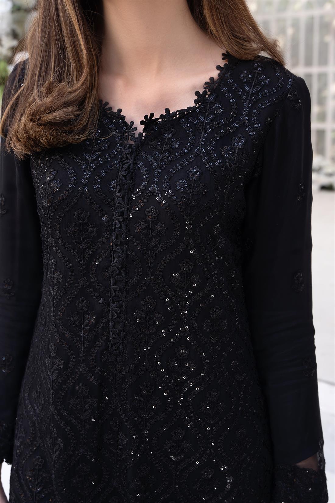 Black Embroidered Raw Silk Ladies Readymade